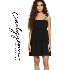 Carly Jean Los Angeles Smocked Tiered Mini Dress Black Small Tie Straps
